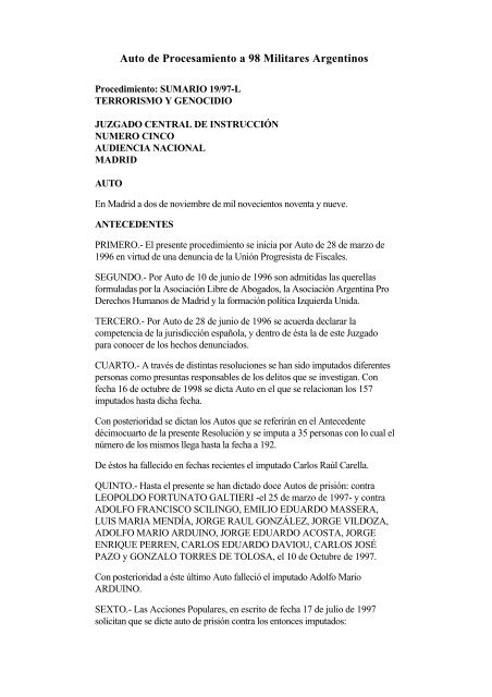 Auto de Procesamiento a 98 Militares Argentinos