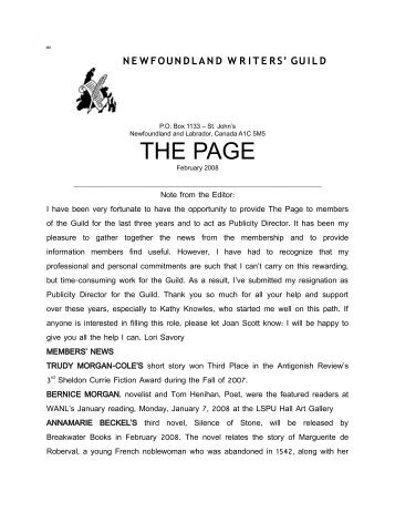 The Page Feb 2008 - Newfoundland Writers' Guild