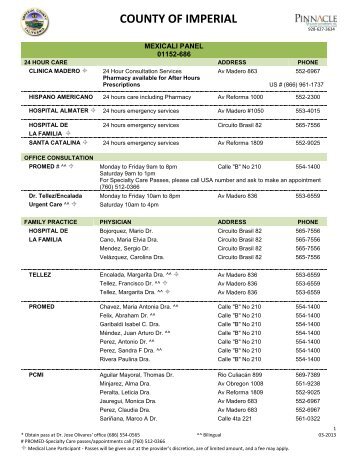 Mexicali Panel List Providers - County of Imperial