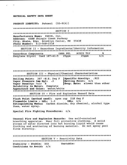 MATERIAL SAFETY DATA SHEET PRODUCT IDENTITY: Pakosol ...