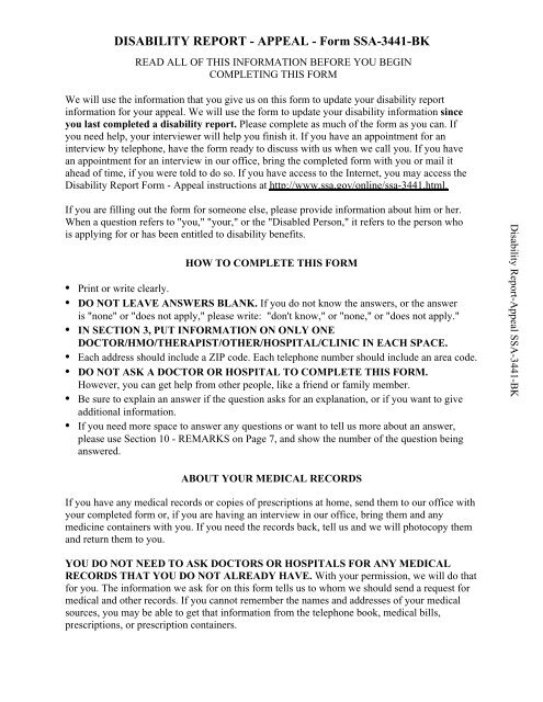 Disability Report -- Appeal -- Form SSA-3441-BK - Tucker & Ludin, PA