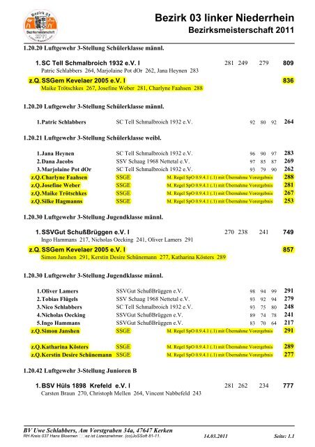 Ergebnisse Bezirksmeisterschaft 2011 - SSG Kevelaer