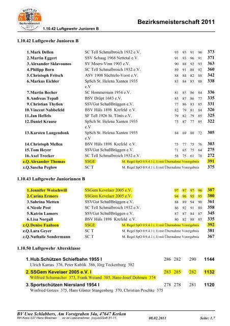 Ergebnisse Bezirksmeisterschaft 2011 - SSG Kevelaer