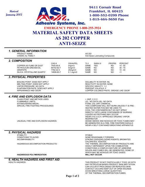 material safety data sheets as 202 copper anti-seize - Regal Plastics