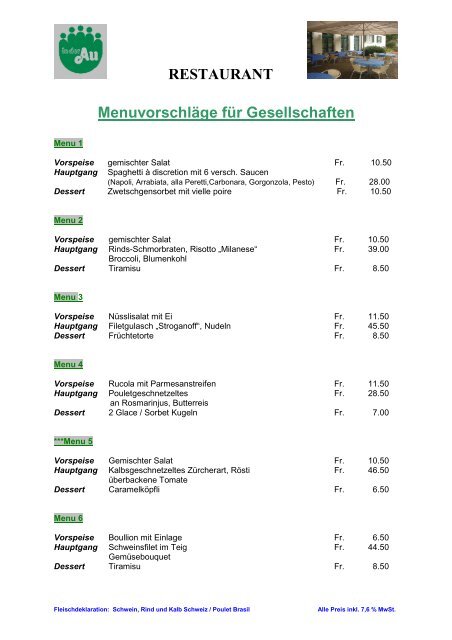 RESTAURANT Menuvorschläge für ... - Restaurant - In der Au