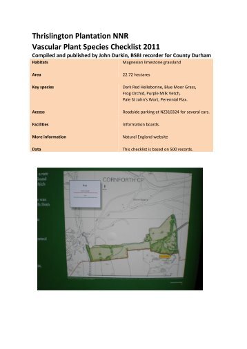 Thrislington Plantation NNR Vascular Plant Species Checklist 2011