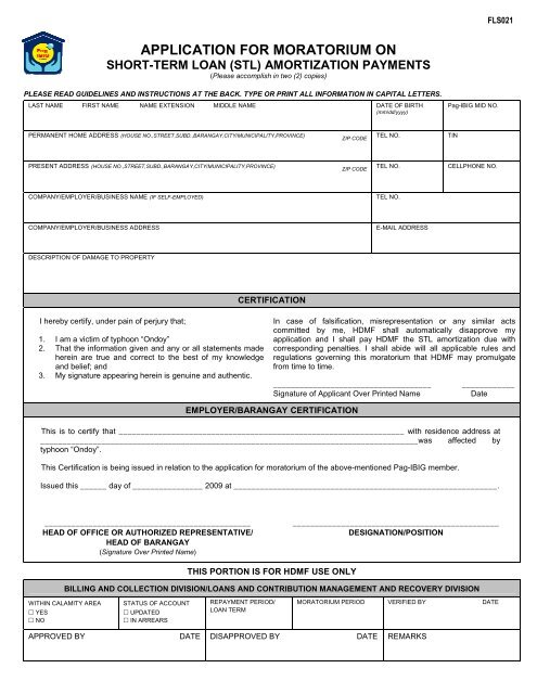 FLS021 Application for Moratorium on STL Amortization ... - Pag-IBIG