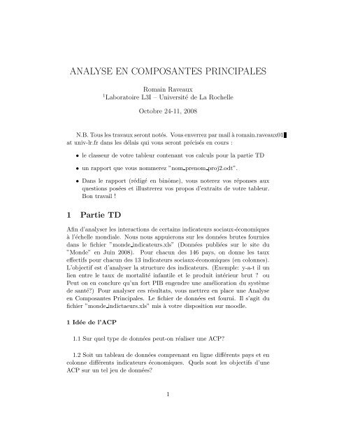 ANALYSE EN COMPOSANTES PRINCIPALES - Romain Raveaux