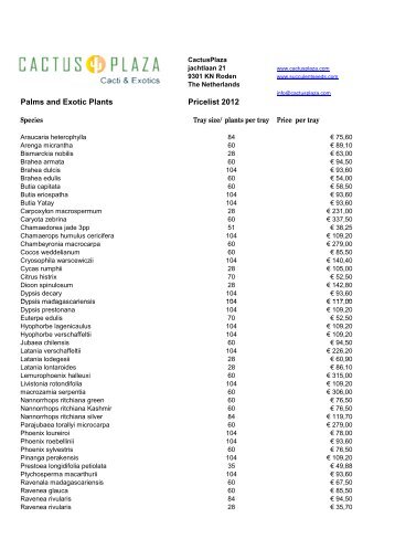 Palms and Exotic Plants Pricelist 2012 - CactusPlaza.com