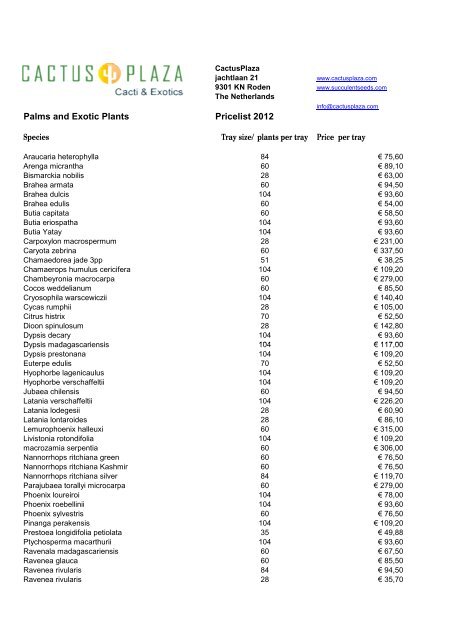 Palms and Exotic Plants Pricelist 2012 - CactusPlaza.com