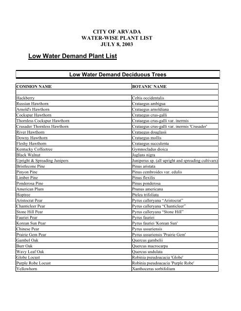 City Of Arvada Approved Plant List