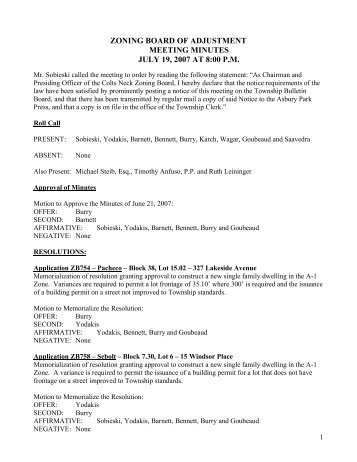 zoning board of adjustment meeting minutes july 19, 2007 at 8:00 pm