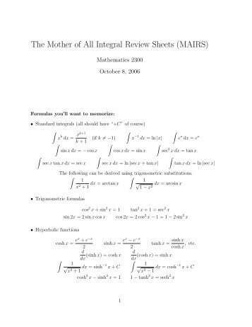 The Mother of All Integral Review Sheets (MAIRS) - Euclid Colorado