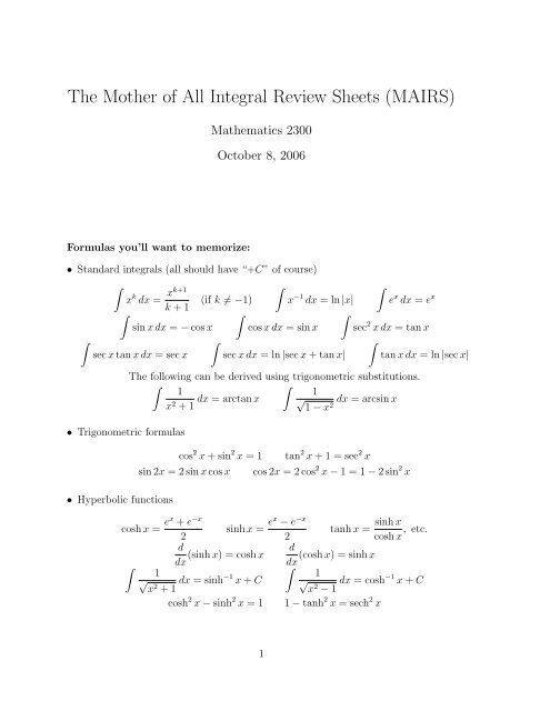 The Mother Of All Integral Review Sheets Mairs Euclid Colorado The Mother Of All Integral Review Sheets Mairs Euclid Colorado