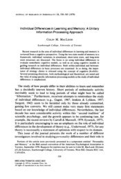 Individual Differences in Learning and Memory: A Unitary ...