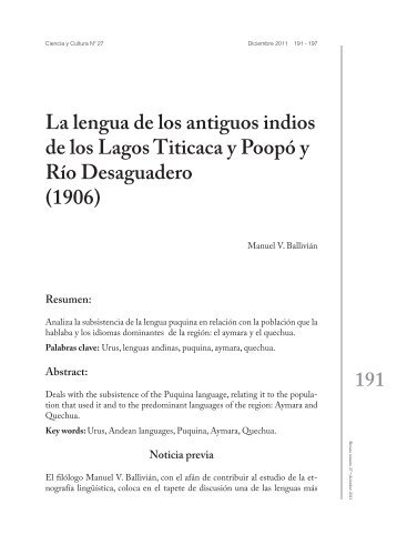 La lengua de los antiguos indios de los Lagos Titicaca y ... - SciELO