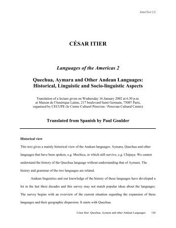 César Itier: Quechua, Aymara and other Andean ... - Arts @ Brunel