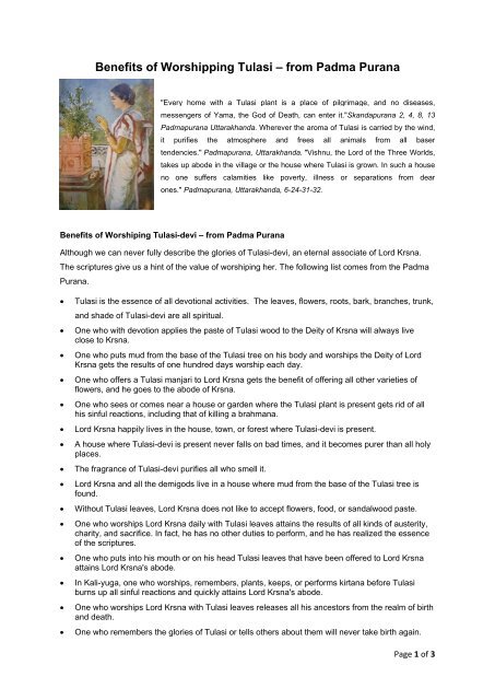 Benefits of Worshipping Tulasi – from Padma Purana - Bhakti ...