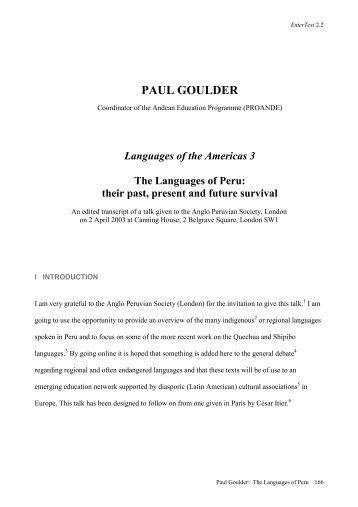 Paul Goulder - The Languages of Peru - Arts @ Brunel