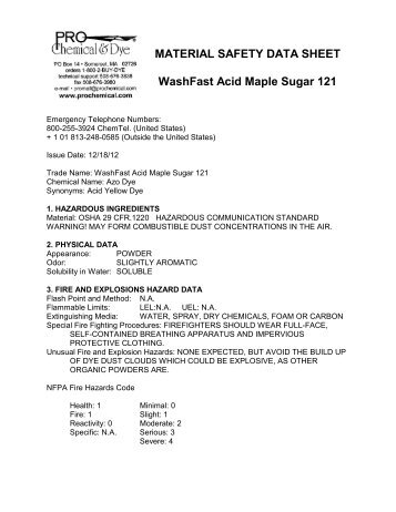 MATERIAL SAFETY DATA SHEET WashFast Acid Maple Sugar 121