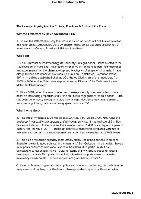 Witness Statement of David Colquhoun - The Leveson Inquiry