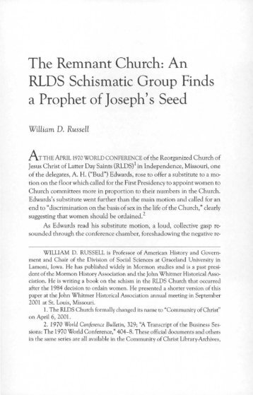 The Remnant Church: An RLDS Schismatic Group Finds a Prophet ...