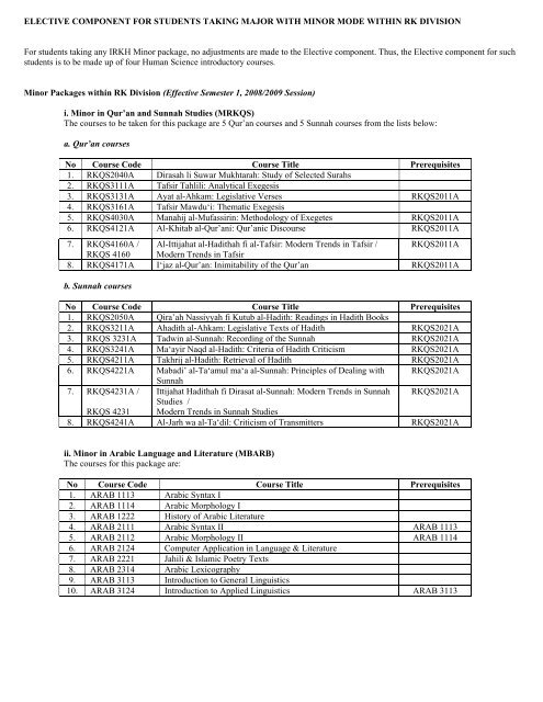 ELECTIVE COMPONENT FOR STUDENTS TAKING MAJOR WITH ...