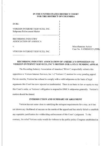 RIAA's Opposition to Motion for Stay Pending Appeal - Electronic ...