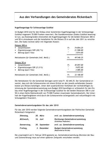 Aus den Verhandlungen des Gemeinderates Rickenbach