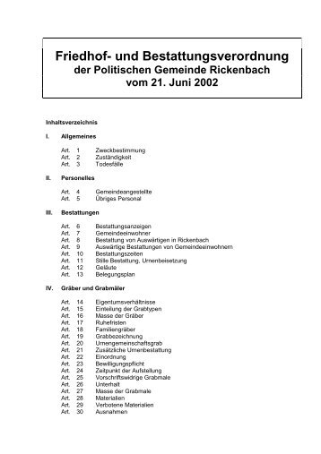 Friedhof- und Bestattungsverordnung - Rickenbach ZH - Kanton Zürich