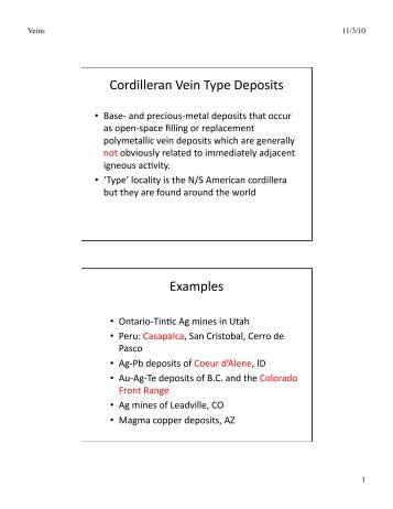 Cordilleran Vein Type Deposits Examples