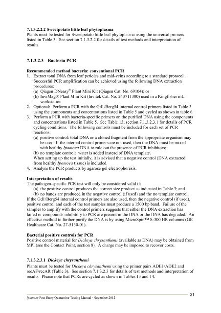 Ipomoea (Sweetpotato/Kumara) Post-Entry Quarantine Testing Manual