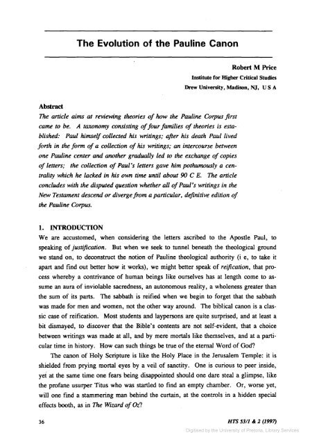 The Evolution of the Pauline Canon - HTS Teologiese Studies ...