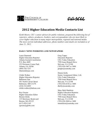 2012 Higher Education Media Contacts List - The Council of ...