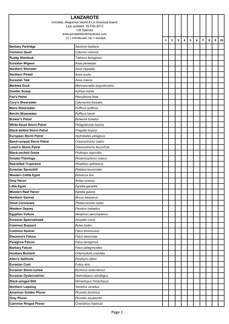 LANZAROTE - Printable Bird Checklists