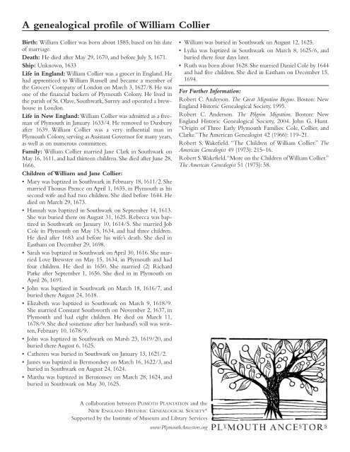 A genealogical profile of William Collier - Plimoth Plantation
