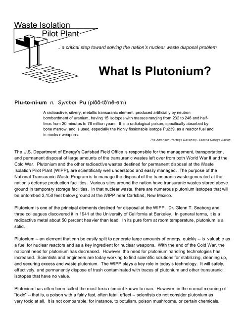 What is Plutonium? - Fact Sheet - Waste Isolation Pilot Plant - U.S. ...