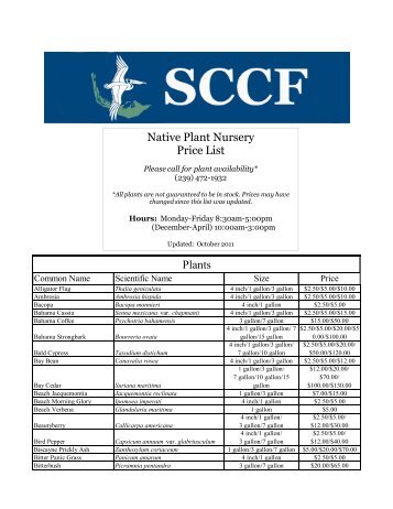 Plants Native Plant Nursery Price List