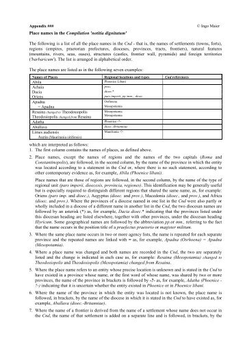 Place names in the Compilation 'notitia dignitatum'