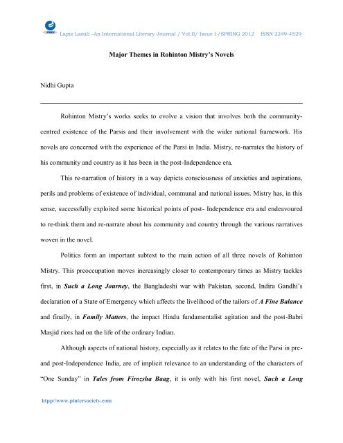 Major Themes in Rohinton Mistry's Novels Nidhi Gupta - lapis lazuli