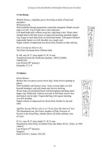 Catalogue of Inscribed Shabtis in Birmingham Museum and Art Gallery