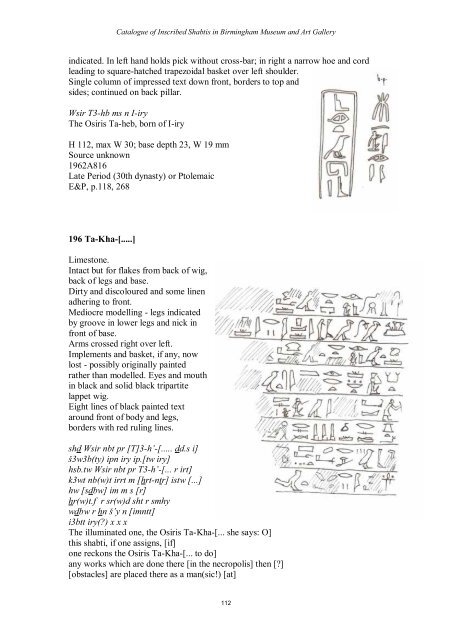 Catalogue of Inscribed Shabtis in Birmingham Museum and Art Gallery