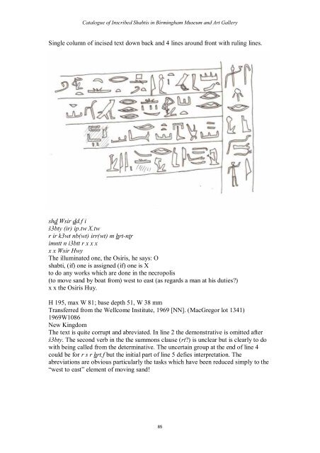 Catalogue of Inscribed Shabtis in Birmingham Museum and Art Gallery