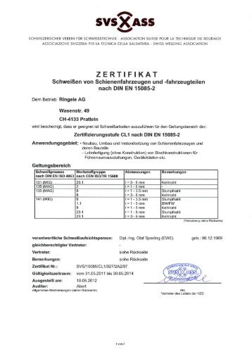 SVS Zertifikat nach DIN EN 15085-2 - Ringele AG