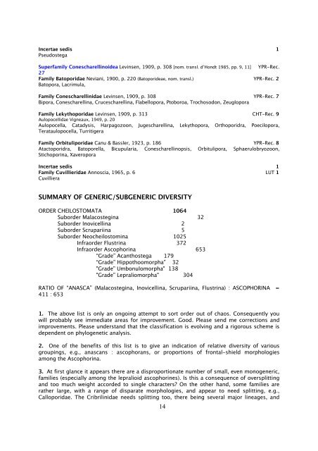 BRYOZOA: CHEILOSTOMATA Interim classification for Treatise ...