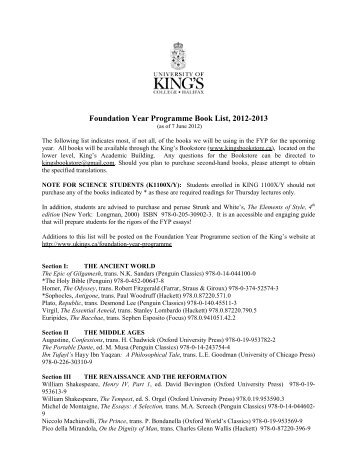 Foundation Year Programme Book List, 2012-2013 - University of ...