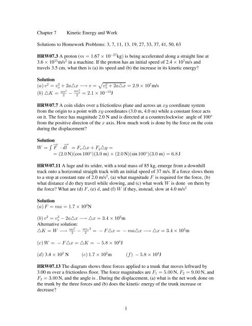 1 Chapter 7 Kinetic Energy And Work Solutions To Homework