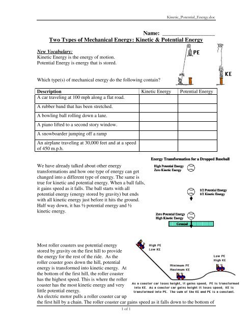 Speed, Potential Energy, Kinetic Energy Printable