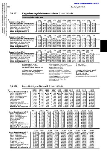 Bern–Uettligen–Säriswil (Linie 102) - Fahrplanfelder