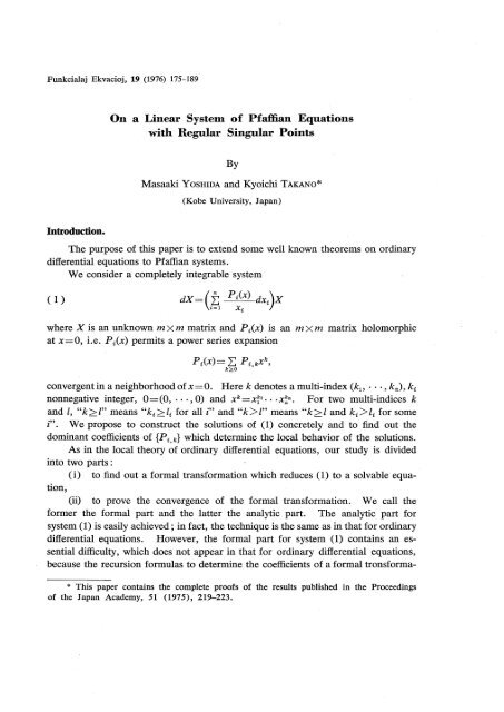 On A Linear System Of Pfaffian Equations With Regular Singular Points